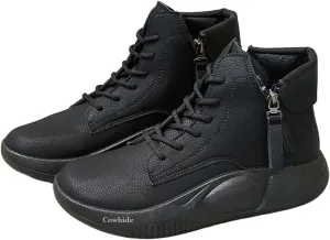 Women's Genuine Leather Lace-Up Platform Sneakers,Ankle High-Top Casual Sneakers, Shock Absorbing Heighten Fashion Running Sneakers