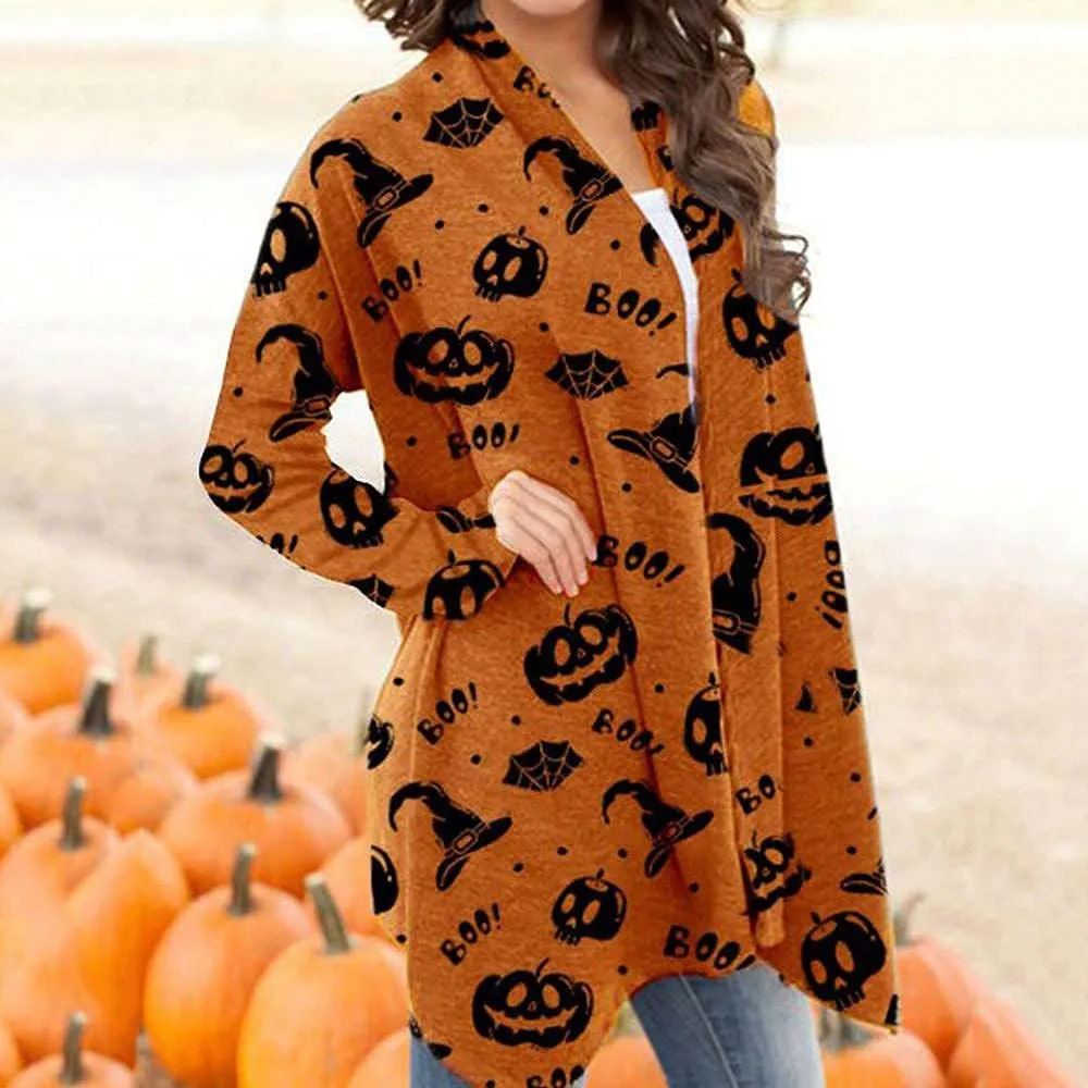 Women's Halloween Pumpkin Cat Print Knitting Cardigan Long Sleeve Open Front Knitted Sweater Outwear Coat Tops (Deep Gray