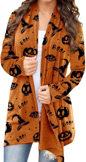 Women's Halloween Pumpkin Cat Print Knitting Cardigan Long Sleeve Open Front Knitted Sweater Outwear Coat Tops (Deep Gray