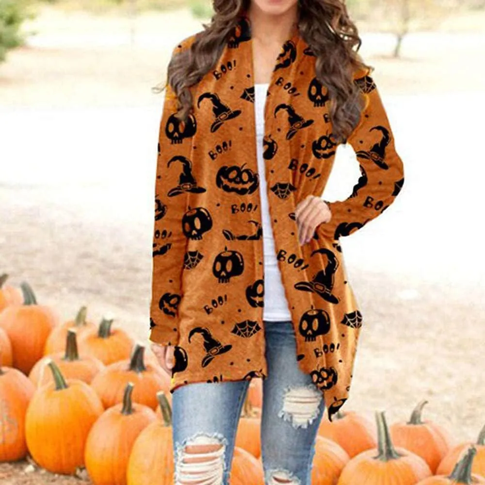 Women's Halloween Pumpkin Cat Print Knitting Cardigan Long Sleeve Open Front Knitted Sweater Outwear Coat Tops (Deep Gray
