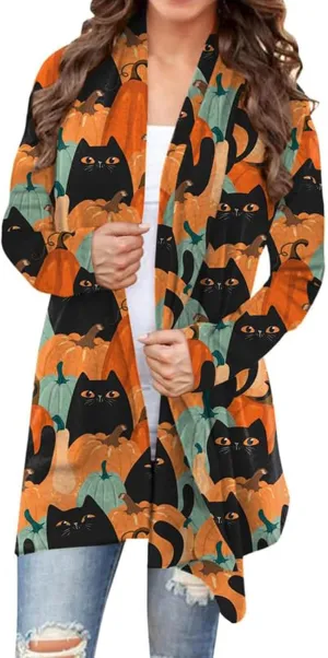 Women's Halloween Pumpkin Cat Print Knitting Cardigan Long Sleeve Open Front Knitted Sweater Outwear Coat Tops (Deep Gray