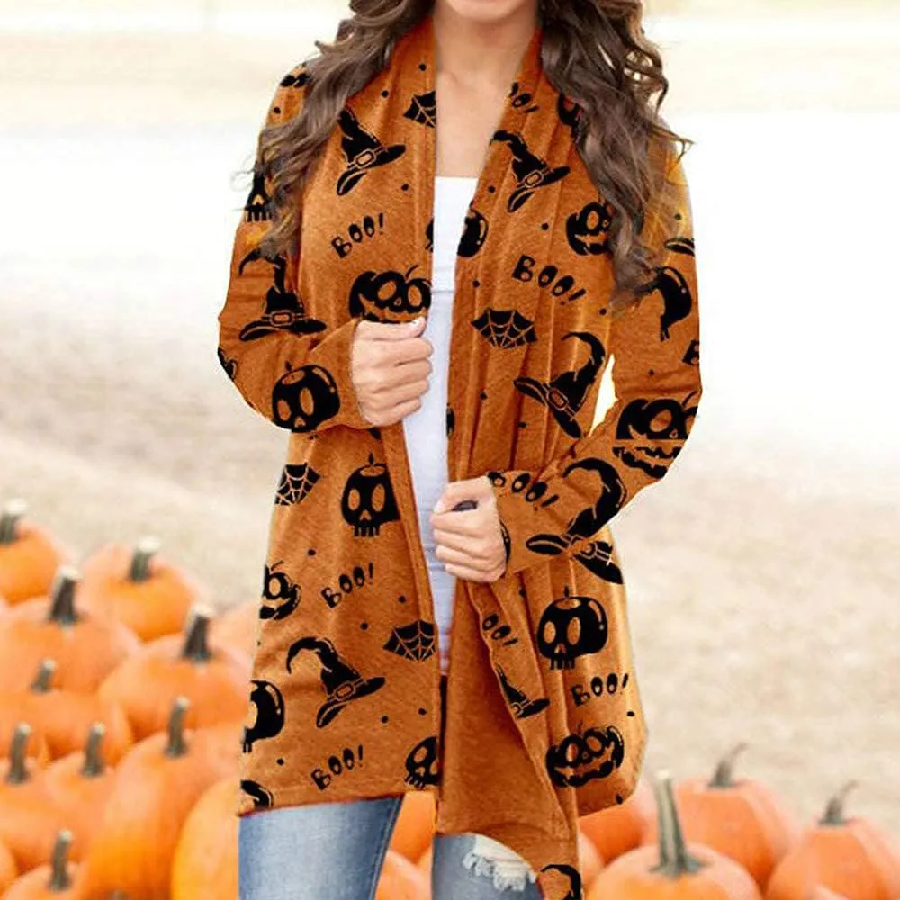 Women's Halloween Pumpkin Cat Print Knitting Cardigan Long Sleeve Open Front Knitted Sweater Outwear Coat Tops (Deep Gray