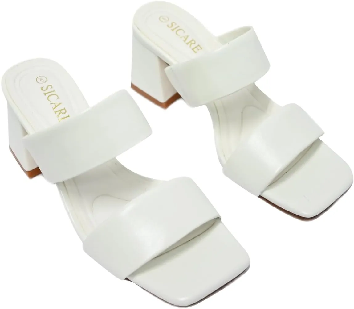 Women's Heeled Sandals Square Open Toe Two Strap Block Chunky Heels for Women Slip On Mules Sandals Black Nude White Strappy Heels for Women Dressy Wedding Party