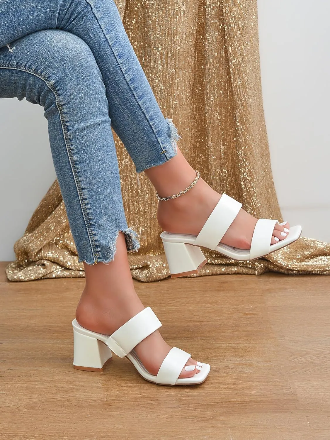 Women's Heeled Sandals Square Open Toe Two Strap Block Chunky Heels for Women Slip On Mules Sandals Black Nude White Strappy Heels for Women Dressy Wedding Party