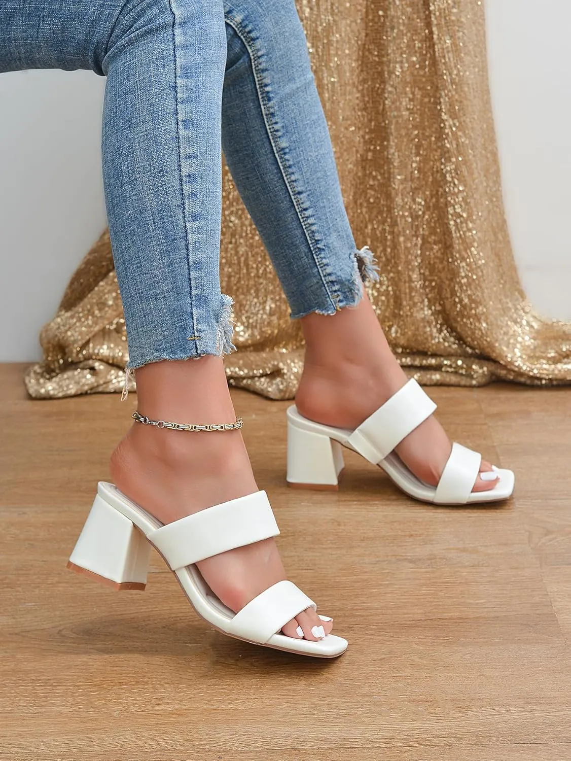 Women's Heeled Sandals Square Open Toe Two Strap Block Chunky Heels for Women Slip On Mules Sandals Black Nude White Strappy Heels for Women Dressy Wedding Party