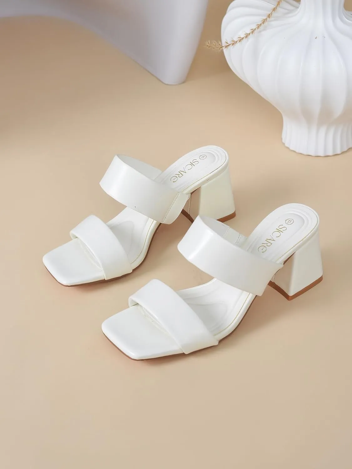 Women's Heeled Sandals Square Open Toe Two Strap Block Chunky Heels for Women Slip On Mules Sandals Black Nude White Strappy Heels for Women Dressy Wedding Party
