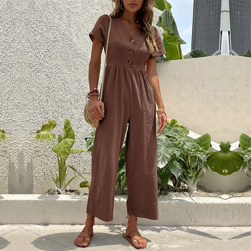 Women’s Jumpsuit – Linen Blend – Relaxed Fit – Wide Leg – Short Sleeve – Button Front