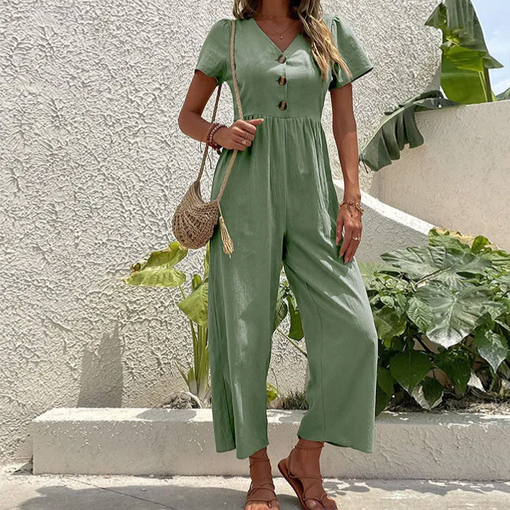Women’s Jumpsuit – Linen Blend – Relaxed Fit – Wide Leg – Short Sleeve – Button Front