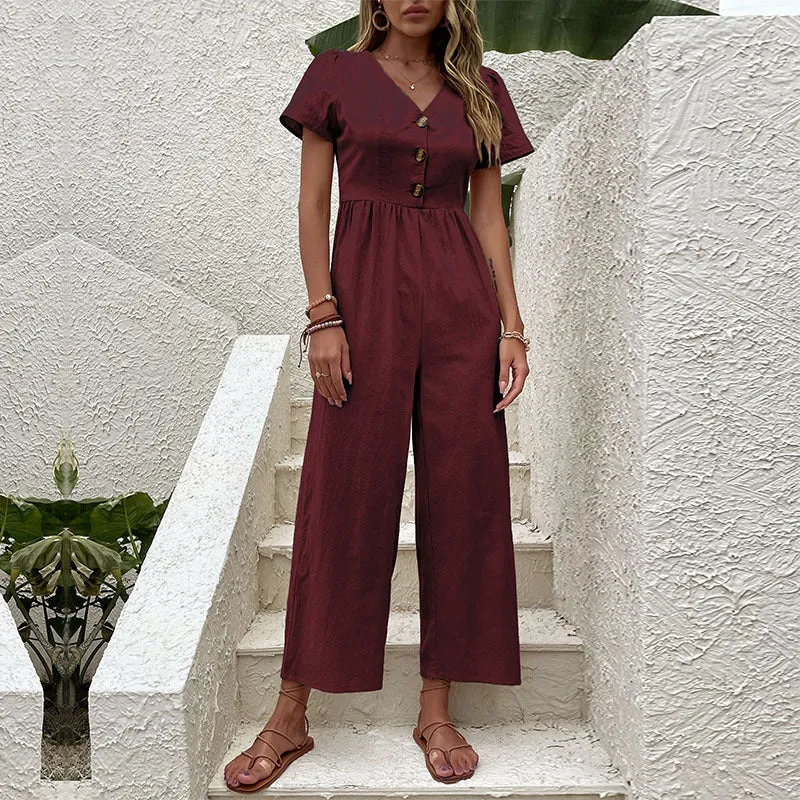 Women’s Jumpsuit – Linen Blend – Relaxed Fit – Wide Leg – Short Sleeve – Button Front