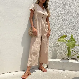 Women’s Jumpsuit – Linen Blend – Relaxed Fit – Wide Leg – Short Sleeve – Button Front