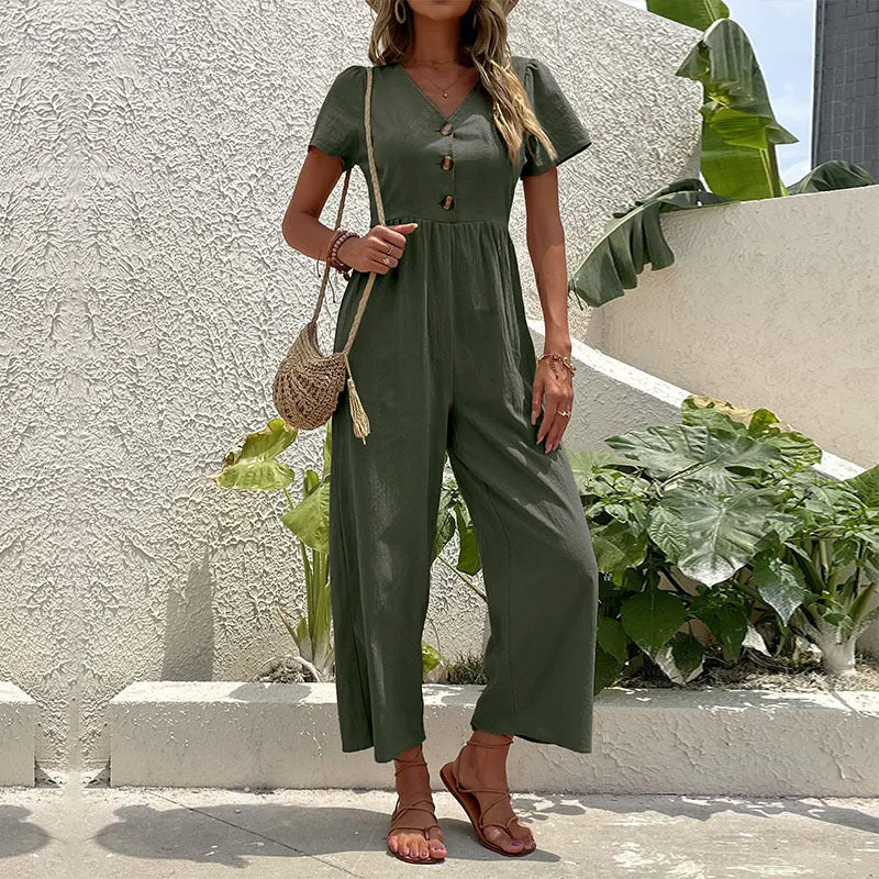 Women’s Jumpsuit – Linen Blend – Relaxed Fit – Wide Leg – Short Sleeve – Button Front