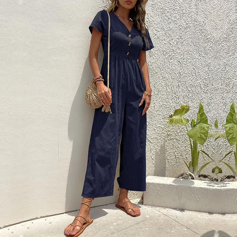 Women’s Jumpsuit – Linen Blend – Relaxed Fit – Wide Leg – Short Sleeve – Button Front