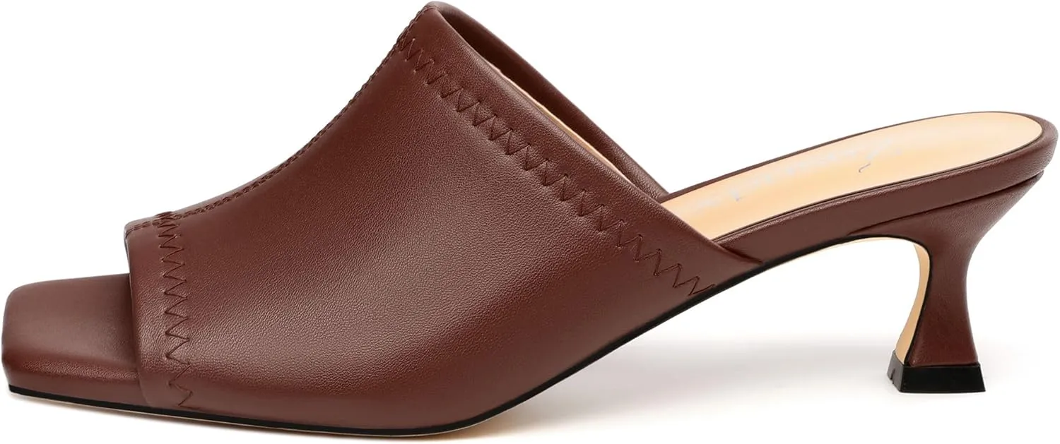 Womens Kitten Heel Open Square Toe Slip-on Sandals Casual Fashion Dress Summer Mules Shoes 2 Inches Heels