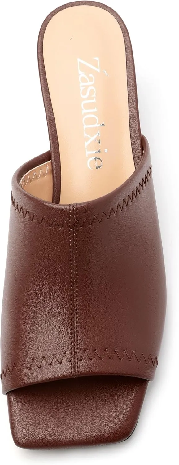 Womens Kitten Heel Open Square Toe Slip-on Sandals Casual Fashion Dress Summer Mules Shoes 2 Inches Heels