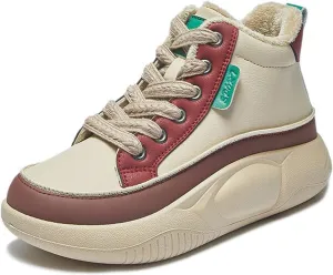 Women'S Leather Lace-Up Fleece High-Top Sneakers,Comfortable Fully Fur Lined Warm Round Toe Platform Ankle Boots,Winter Outdoor Running Workout Sneakers