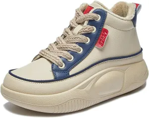 Women'S Leather Lace-Up Fleece High-Top Sneakers,Comfortable Fully Fur Lined Warm Round Toe Platform Ankle Boots,Winter Outdoor Running Workout Sneakers