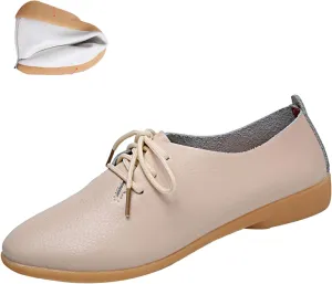 Women's Leather Pointed Toe Casual Flat Shoes,Lightweight Comfort Lace-up Non Slip Softsole Oxford Dress Loafers