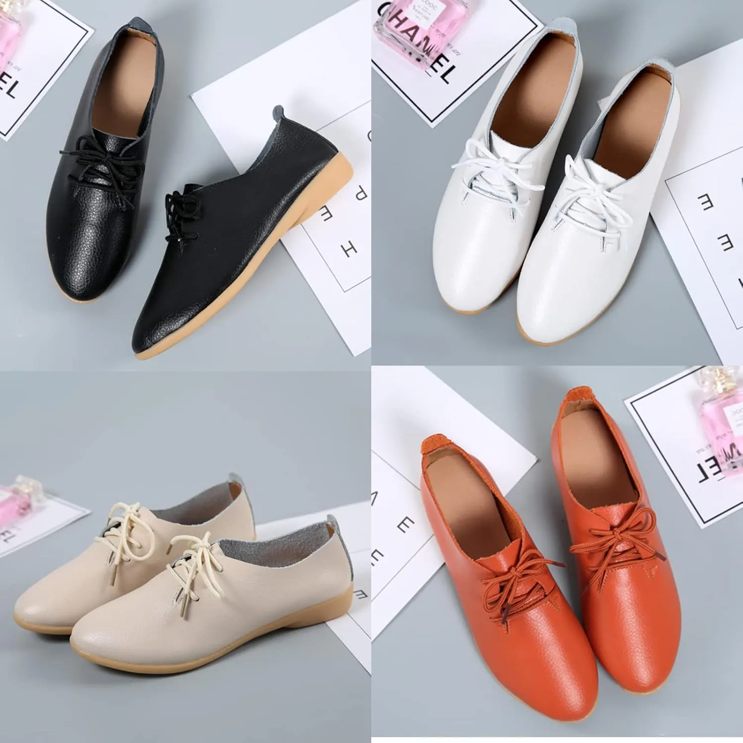 Women's Leather Pointed Toe Casual Flat Shoes,Lightweight Comfort Lace-up Non Slip Softsole Oxford Dress Loafers
