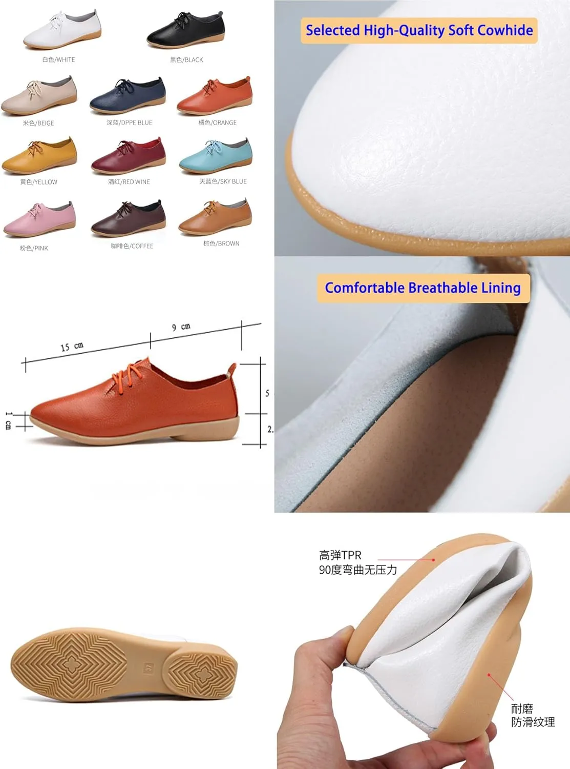 Women's Leather Pointed Toe Casual Flat Shoes,Lightweight Comfort Lace-up Non Slip Softsole Oxford Dress Loafers