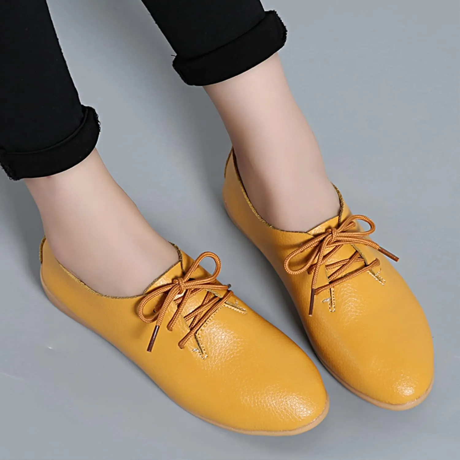 Women's Leather Pointed Toe Casual Flat Shoes,Lightweight Comfort Lace-up Non Slip Softsole Oxford Dress Loafers