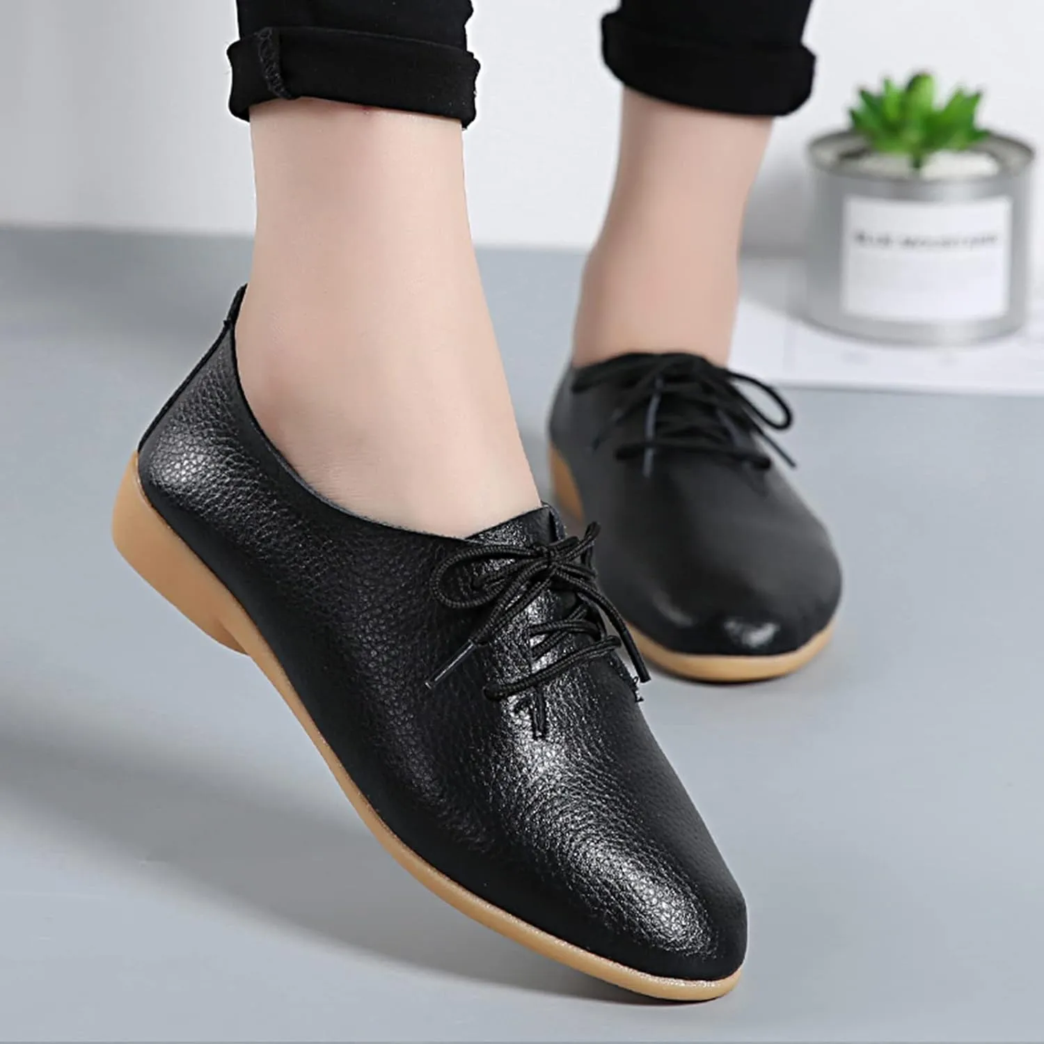 Women's Leather Pointed Toe Casual Flat Shoes,Lightweight Comfort Lace-up Non Slip Softsole Oxford Dress Loafers
