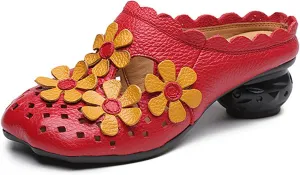 Women's Leather Retro Handmade Flower Hollow Out Chunky Heel Mules Slip-On Wide Closed Toe Comfort Low Block Heel Slide Sandals Casual Non-Slip Backless Heel Loafers for Summer Outdoor