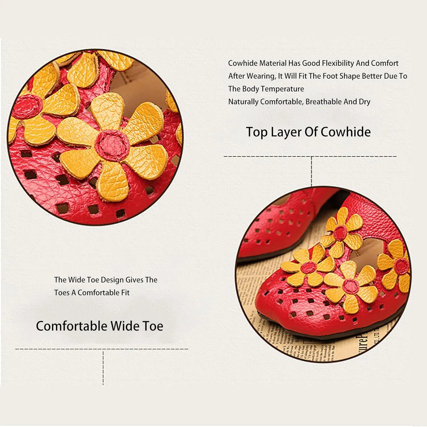 Women's Leather Retro Handmade Flower Hollow Out Chunky Heel Mules Slip-On Wide Closed Toe Comfort Low Block Heel Slide Sandals Casual Non-Slip Backless Heel Loafers for Summer Outdoor