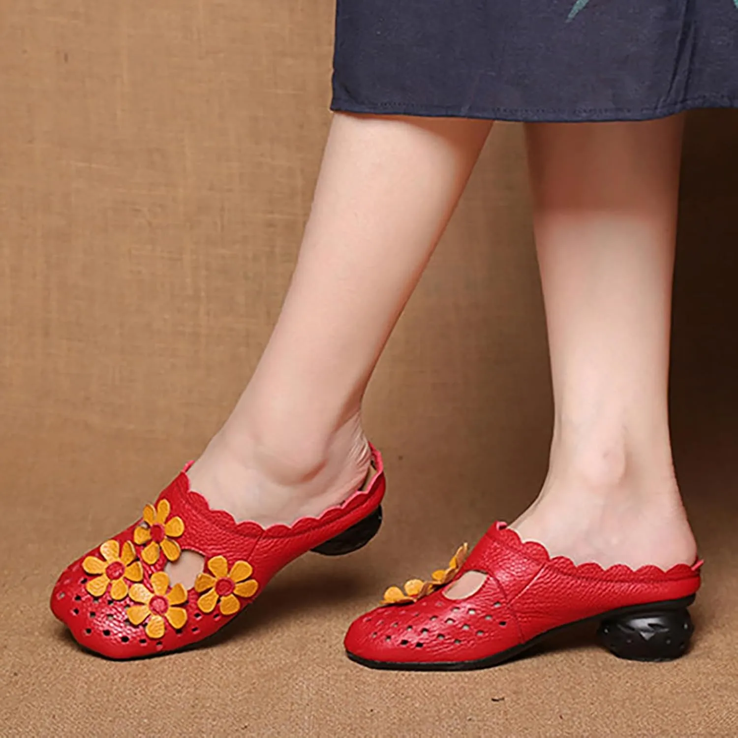 Women's Leather Retro Handmade Flower Hollow Out Chunky Heel Mules Slip-On Wide Closed Toe Comfort Low Block Heel Slide Sandals Casual Non-Slip Backless Heel Loafers for Summer Outdoor