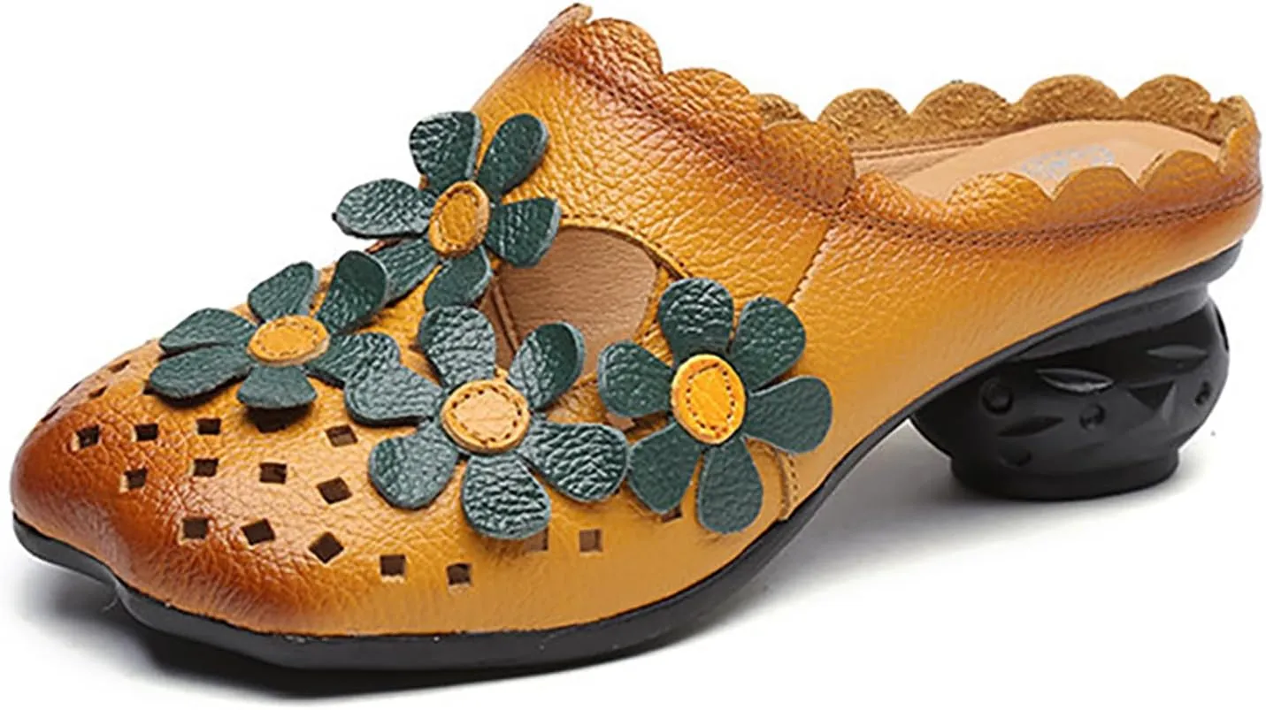 Women's Leather Retro Handmade Flower Hollow Out Chunky Heel Mules Slip-On Wide Closed Toe Comfort Low Block Heel Slide Sandals Casual Non-Slip Backless Heel Loafers for Summer Outdoor