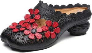 Women's Leather Retro Handmade Flower Hollow Out Chunky Heel Mules Slip-On Wide Closed Toe Comfort Low Block Heel Slide Sandals Casual Non-Slip Backless Heel Loafers for Summer Outdoor