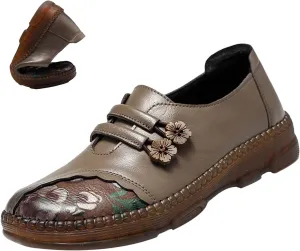 Women's Leather Slip On Casual Dress Shoes,Comfort Vintage Print Frog Button Non-Slip Softsole Oxford Penny Loafers