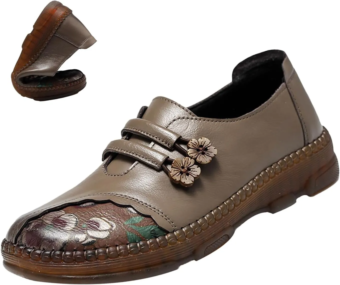 Women's Leather Slip On Casual Dress Shoes,Comfort Vintage Print Frog Button Non-Slip Softsole Oxford Penny Loafers