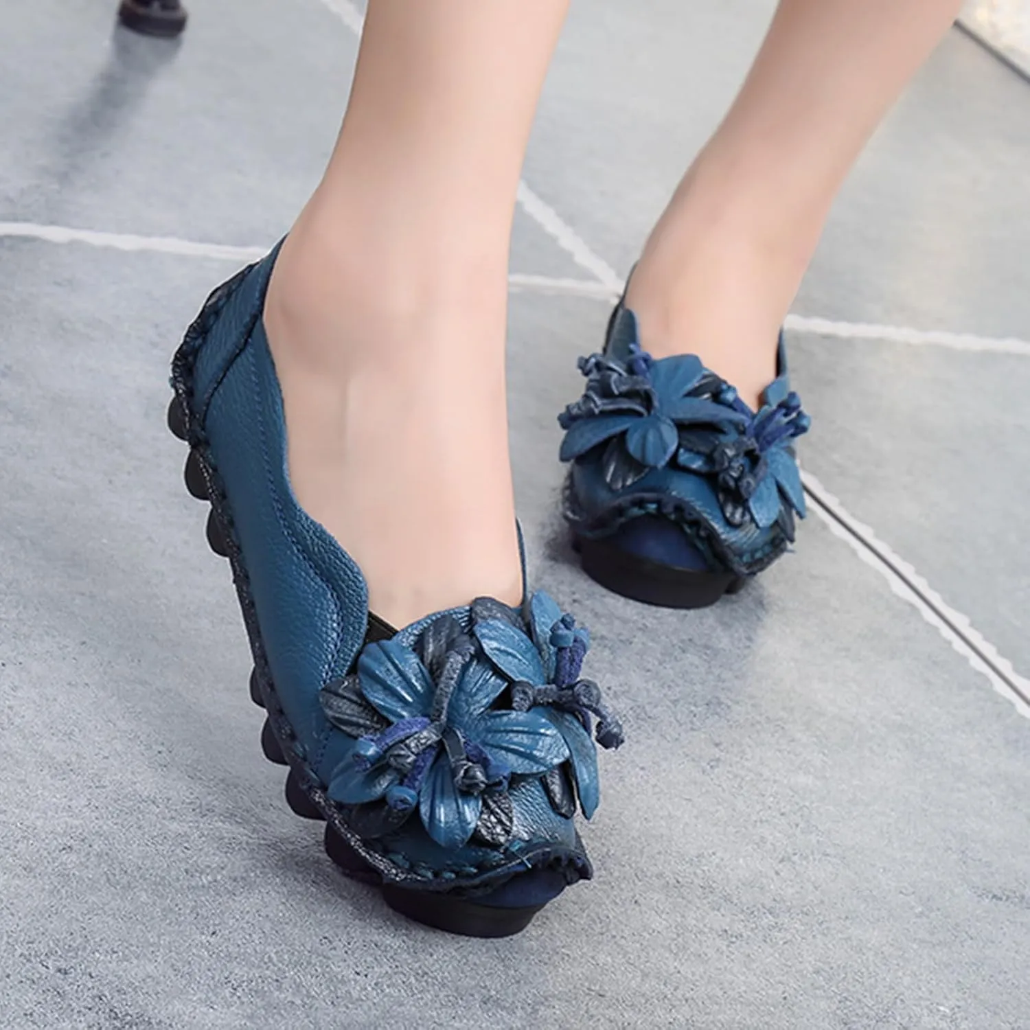 Women's Leather Slip On Loafers,Vintage Handmade Flower Comfy Soft Non-Slip Muffin Platform Walking Casual Dress Pumps