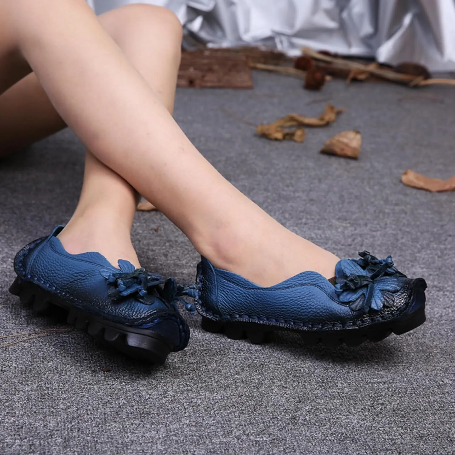Women's Leather Slip On Loafers,Vintage Handmade Flower Comfy Soft Non-Slip Muffin Platform Walking Casual Dress Pumps