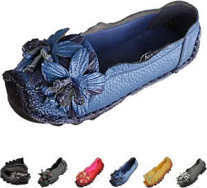 Women's Leather Slip On Loafers,Vintage Handmade Flower Comfy Soft Non-Slip Muffin Platform Walking Casual Dress Pumps