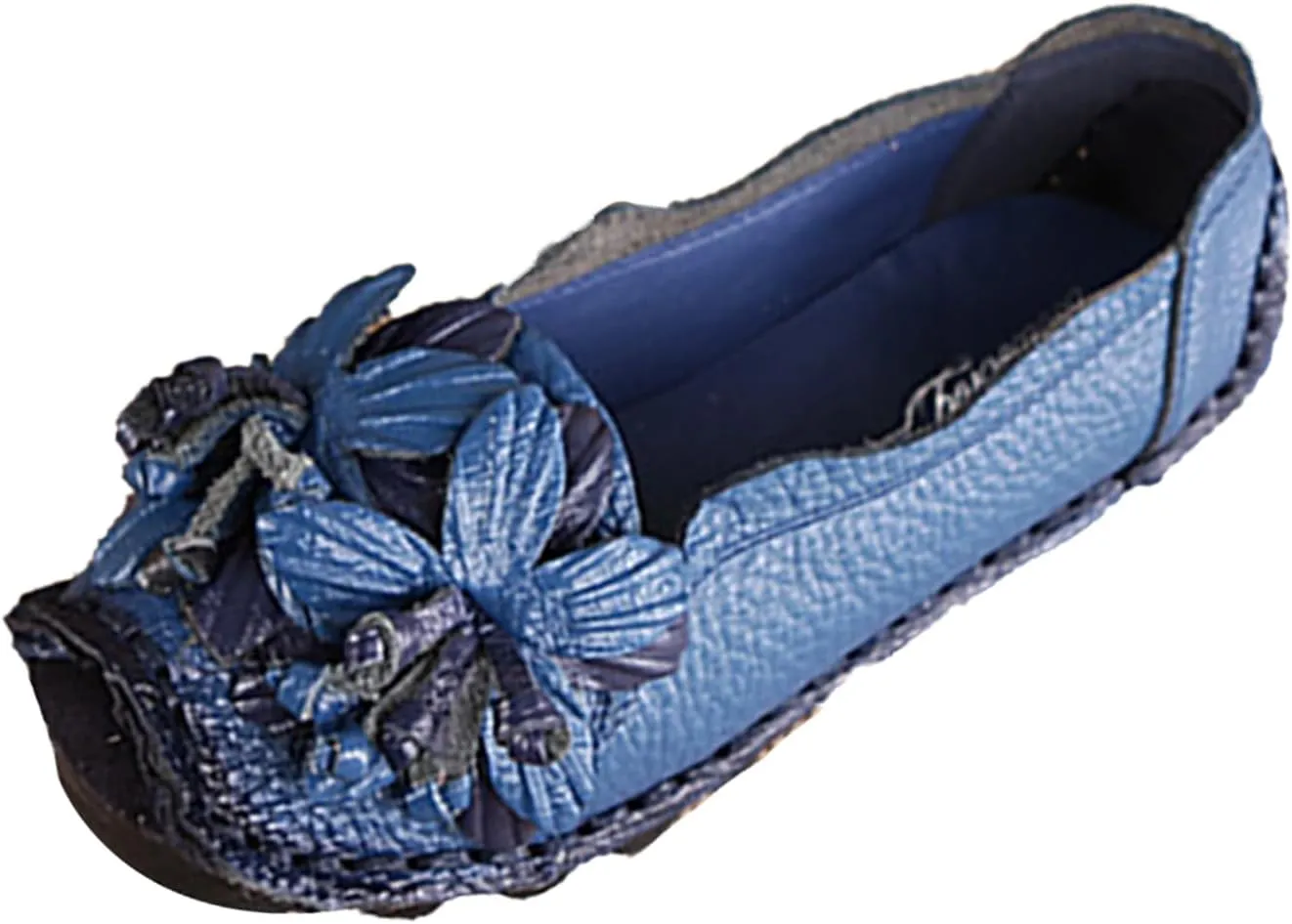 Women's Leather Slip On Loafers,Vintage Handmade Flower Comfy Soft Non-Slip Muffin Platform Walking Casual Dress Pumps