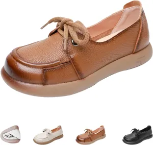Women's Leather Soft Sole Casual Shoes,Vintage Comfort Round Toe Non-Slip Cute Bow Lace-up Flat Dress Oxford Loafers