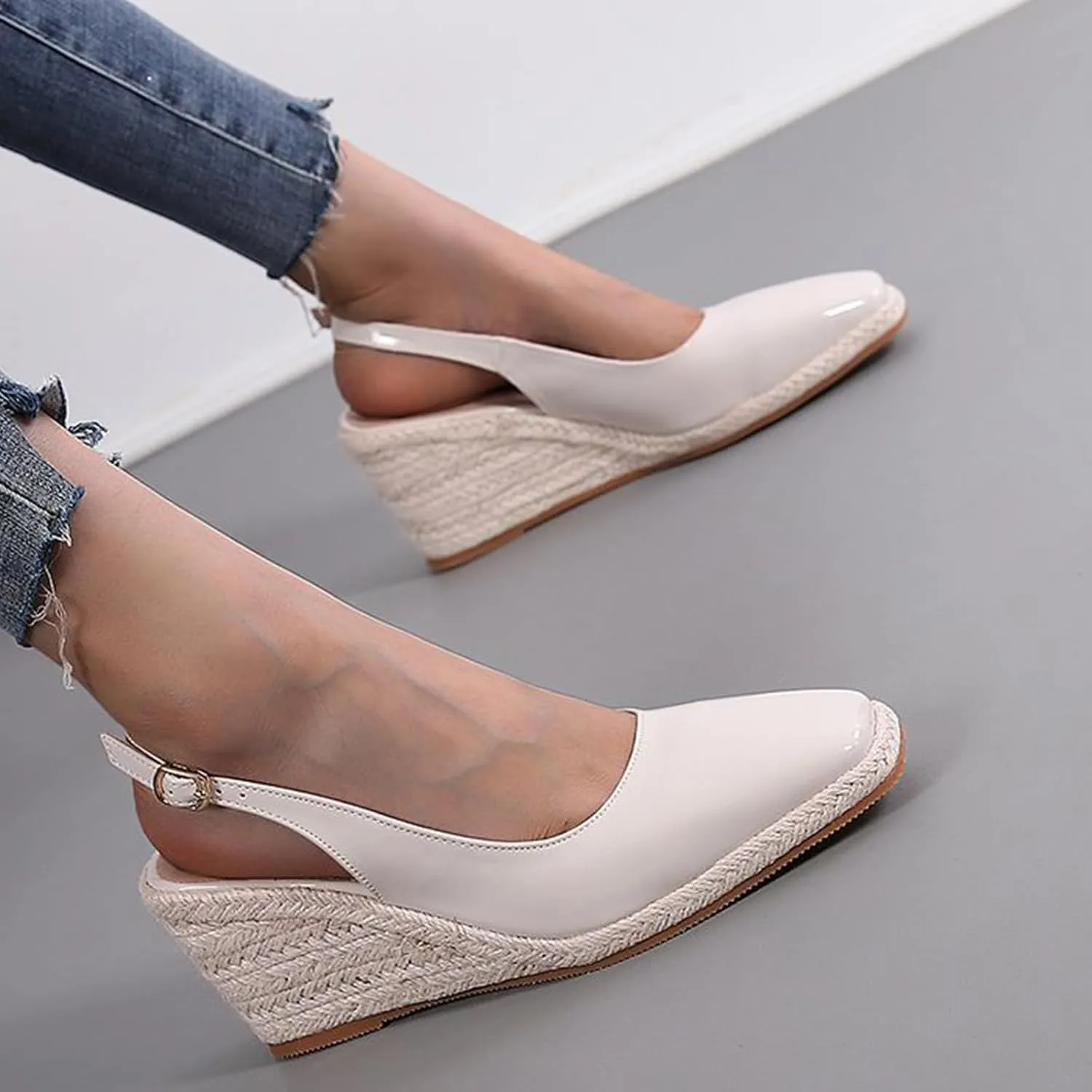 Women'S Patent Leather Square Toe Espadrille Wedge Sandals Closed Toe Slingback Adjustable Ankle Strap Pumps Summer Outdoor Party Comfortable Causal Shoes