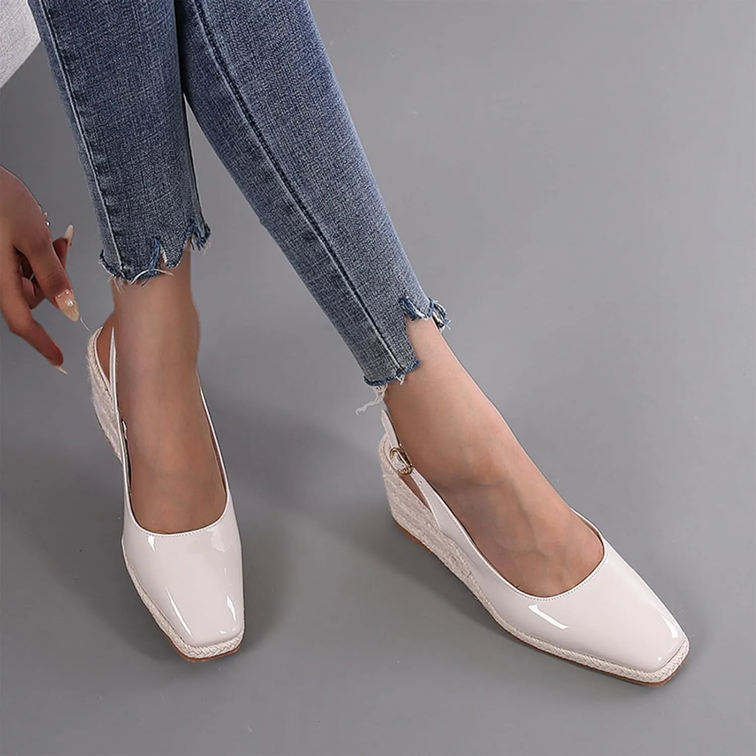 Women'S Patent Leather Square Toe Espadrille Wedge Sandals Closed Toe Slingback Adjustable Ankle Strap Pumps Summer Outdoor Party Comfortable Causal Shoes