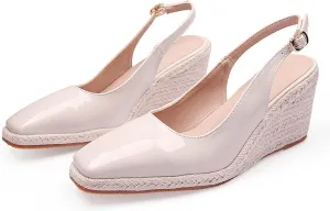 Women'S Patent Leather Square Toe Espadrille Wedge Sandals Closed Toe Slingback Adjustable Ankle Strap Pumps Summer Outdoor Party Comfortable Causal Shoes