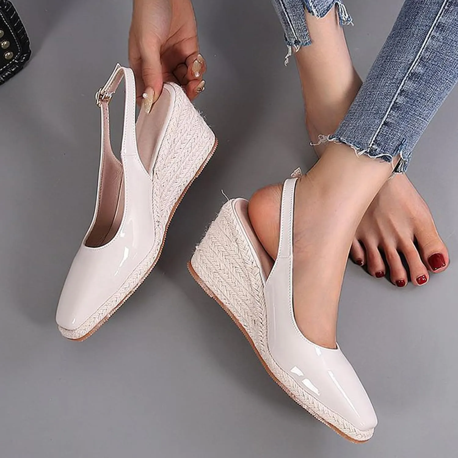 Women'S Patent Leather Square Toe Espadrille Wedge Sandals Closed Toe Slingback Adjustable Ankle Strap Pumps Summer Outdoor Party Comfortable Causal Shoes