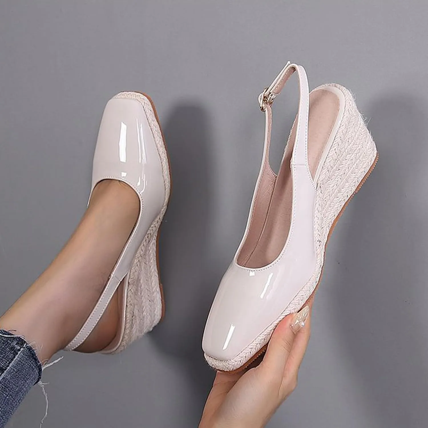 Women'S Patent Leather Square Toe Espadrille Wedge Sandals Closed Toe Slingback Adjustable Ankle Strap Pumps Summer Outdoor Party Comfortable Causal Shoes