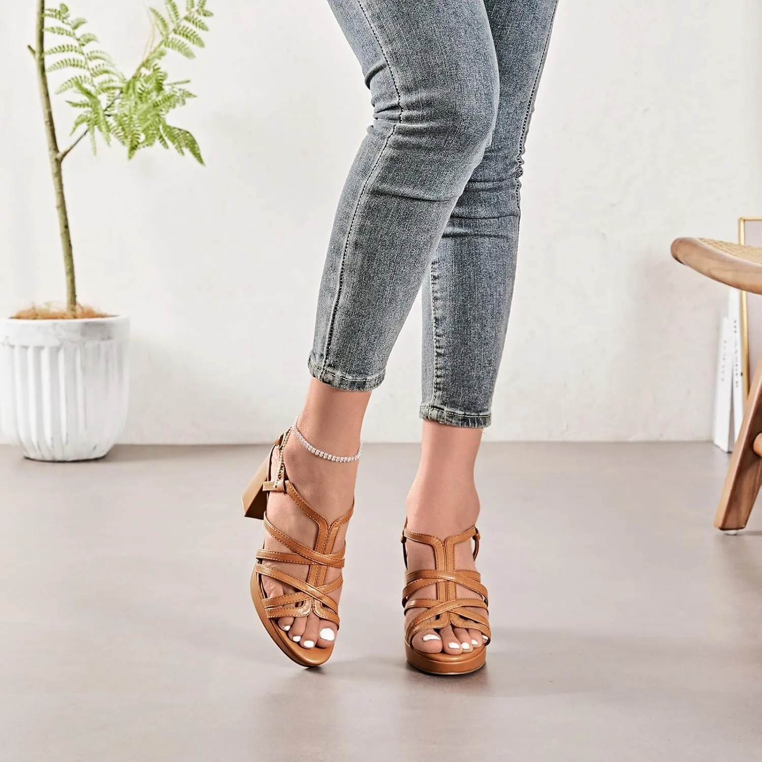Women's Platform Heels Chunky Heeled Sandals, Ankle Strappy Round Open Toe Dressy Shoes Wedding Party High Pump Heels for Women.