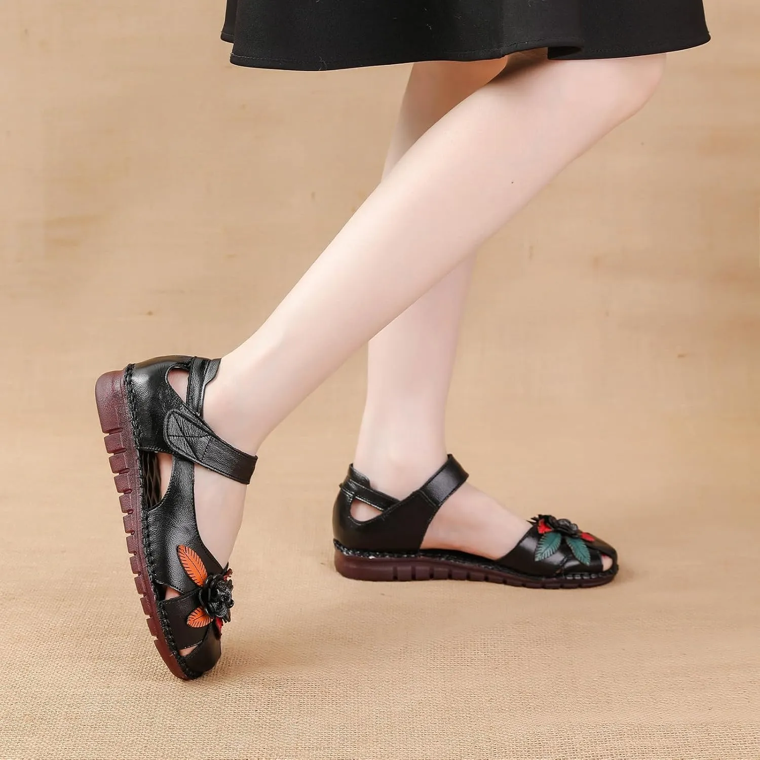 Women's Retro Genuine Leather Flowers Closed Toe Hollow Flat Sandals Comfy Breathe Anti-Slip Softsole Adjustable Ankle Strap Summer Mary Jane Shoes