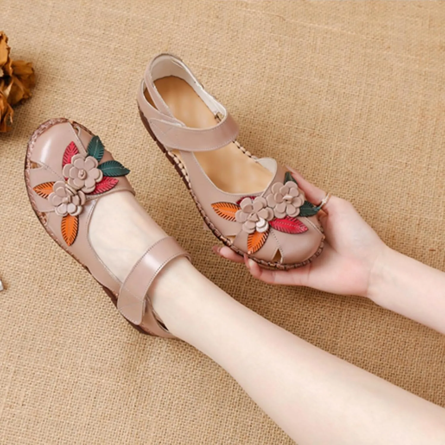 Women's Retro Genuine Leather Flowers Closed Toe Hollow Flat Sandals Comfy Breathe Anti-Slip Softsole Adjustable Ankle Strap Summer Mary Jane Shoes