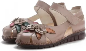 Women's Retro Genuine Leather Flowers Closed Toe Hollow Flat Sandals Comfy Breathe Anti-Slip Softsole Adjustable Ankle Strap Summer Mary Jane Shoes