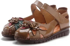 Women's Retro Genuine Leather Flowers Closed Toe Hollow Flat Sandals Comfy Breathe Anti-Slip Softsole Adjustable Ankle Strap Summer Mary Jane Shoes