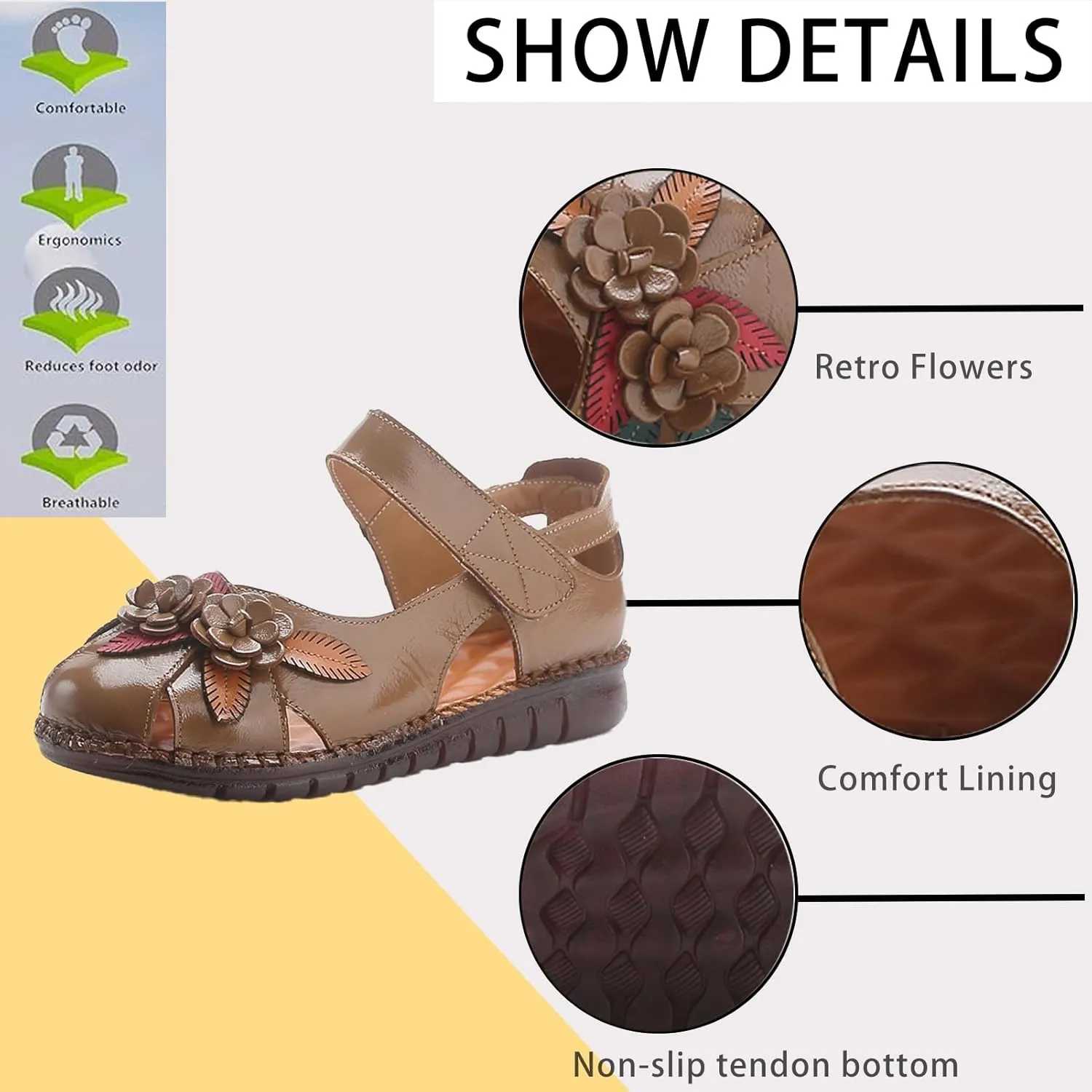 Women's Retro Genuine Leather Flowers Closed Toe Hollow Flat Sandals Comfy Breathe Anti-Slip Softsole Adjustable Ankle Strap Summer Mary Jane Shoes