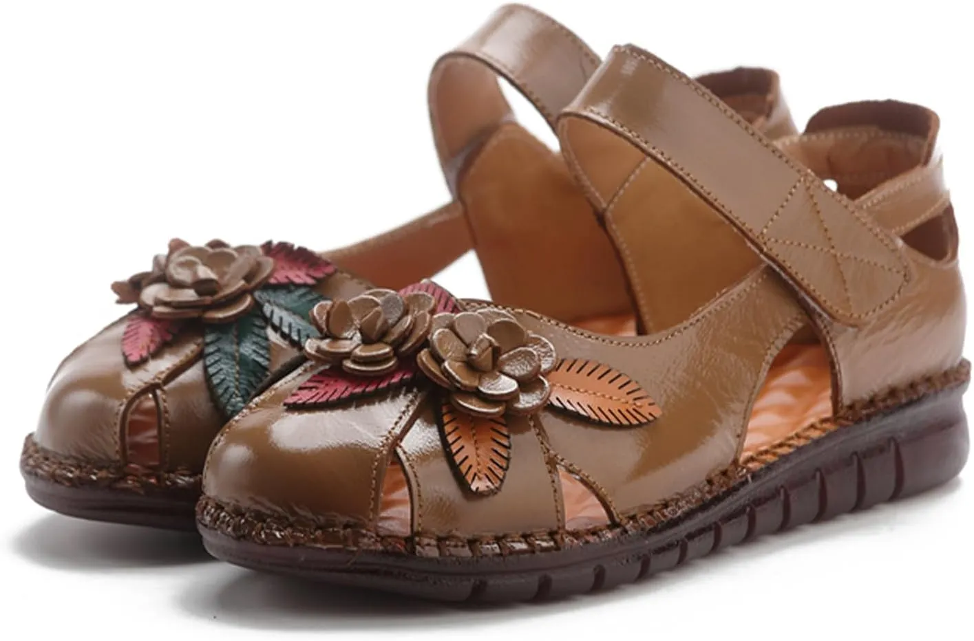Women's Retro Genuine Leather Flowers Closed Toe Hollow Flat Sandals Comfy Breathe Anti-Slip Softsole Adjustable Ankle Strap Summer Mary Jane Shoes