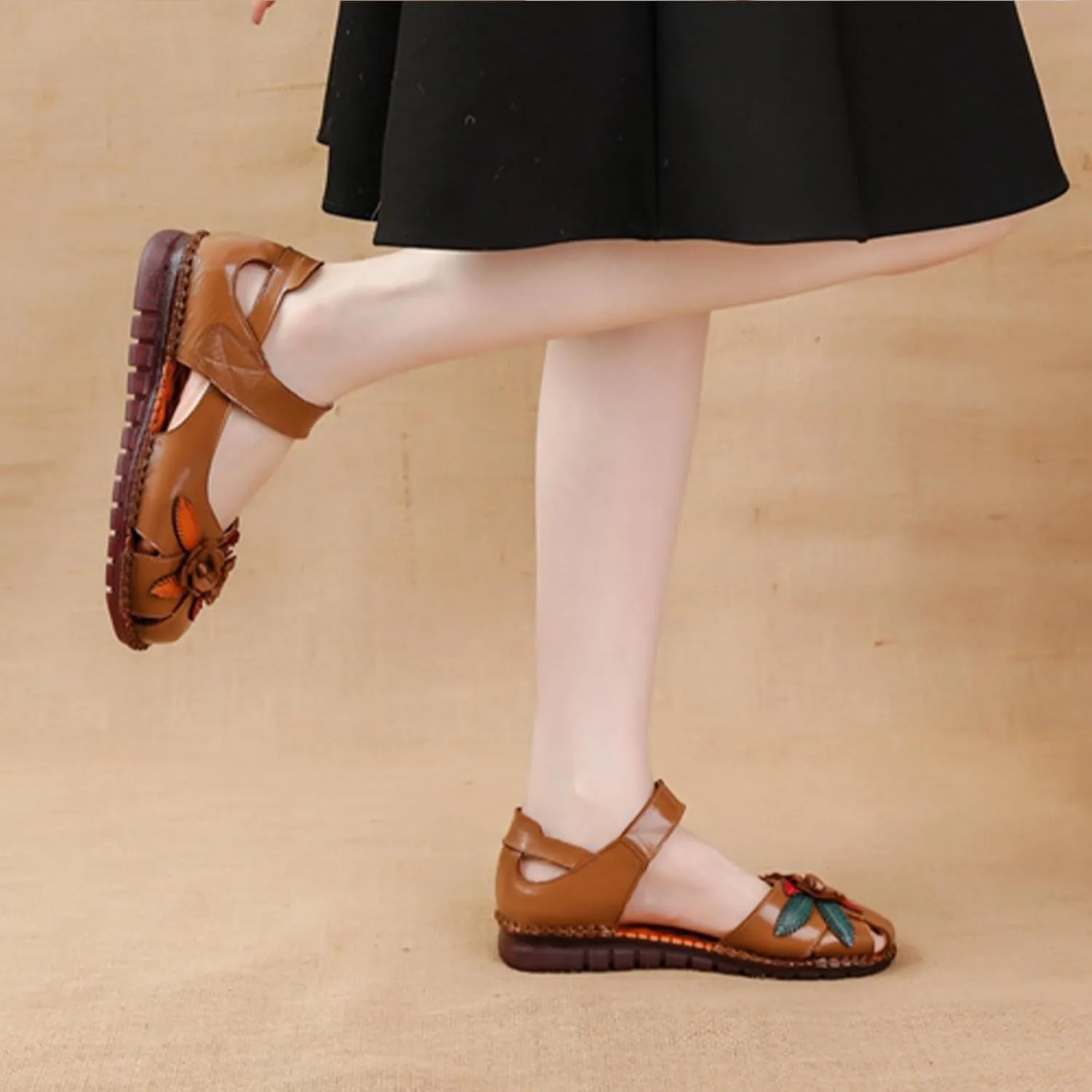 Women's Retro Genuine Leather Flowers Closed Toe Hollow Flat Sandals Comfy Breathe Anti-Slip Softsole Adjustable Ankle Strap Summer Mary Jane Shoes